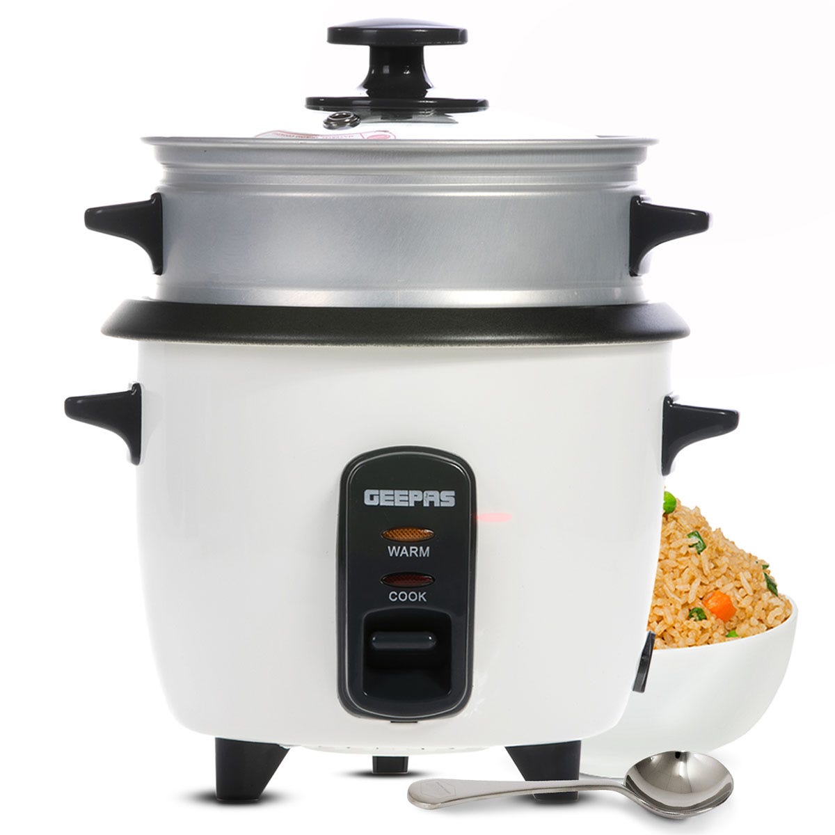 Geepas 0.6L 350W Rice Cooker with Steamer - White