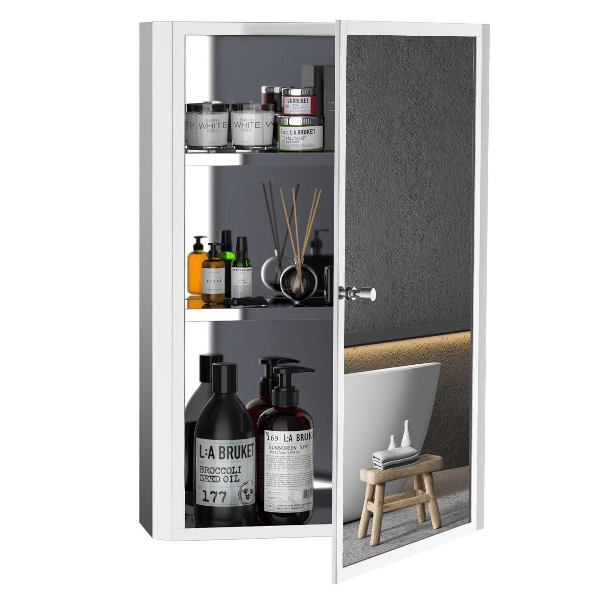 Stainless Steel Wall Mounted Mirror Cabinet With Shelves Bathroom Storage
