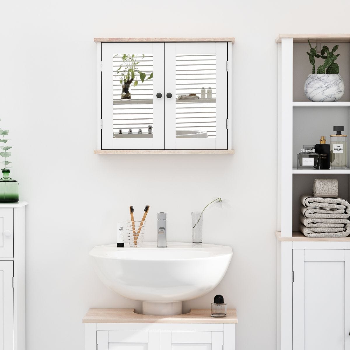 Wall Mounted Bathroom Mirror Storage Cabinet With Double Door Adjustable Shelf