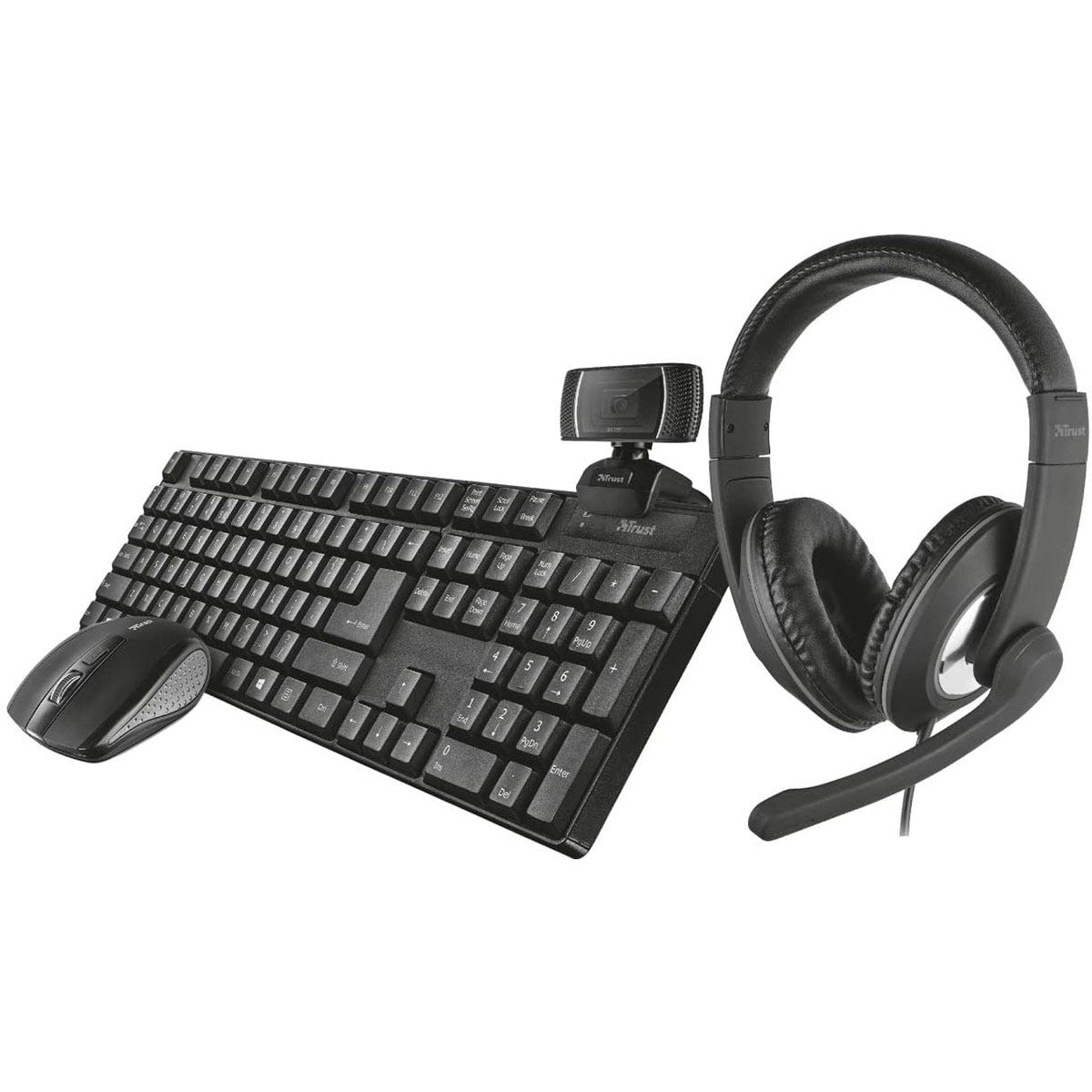 Trust Qoby 4-in-1 Home Office Set with Wireless Keyboard, Wireless Compact Mouse, HD Webcam & Over-Ear Headset - Black