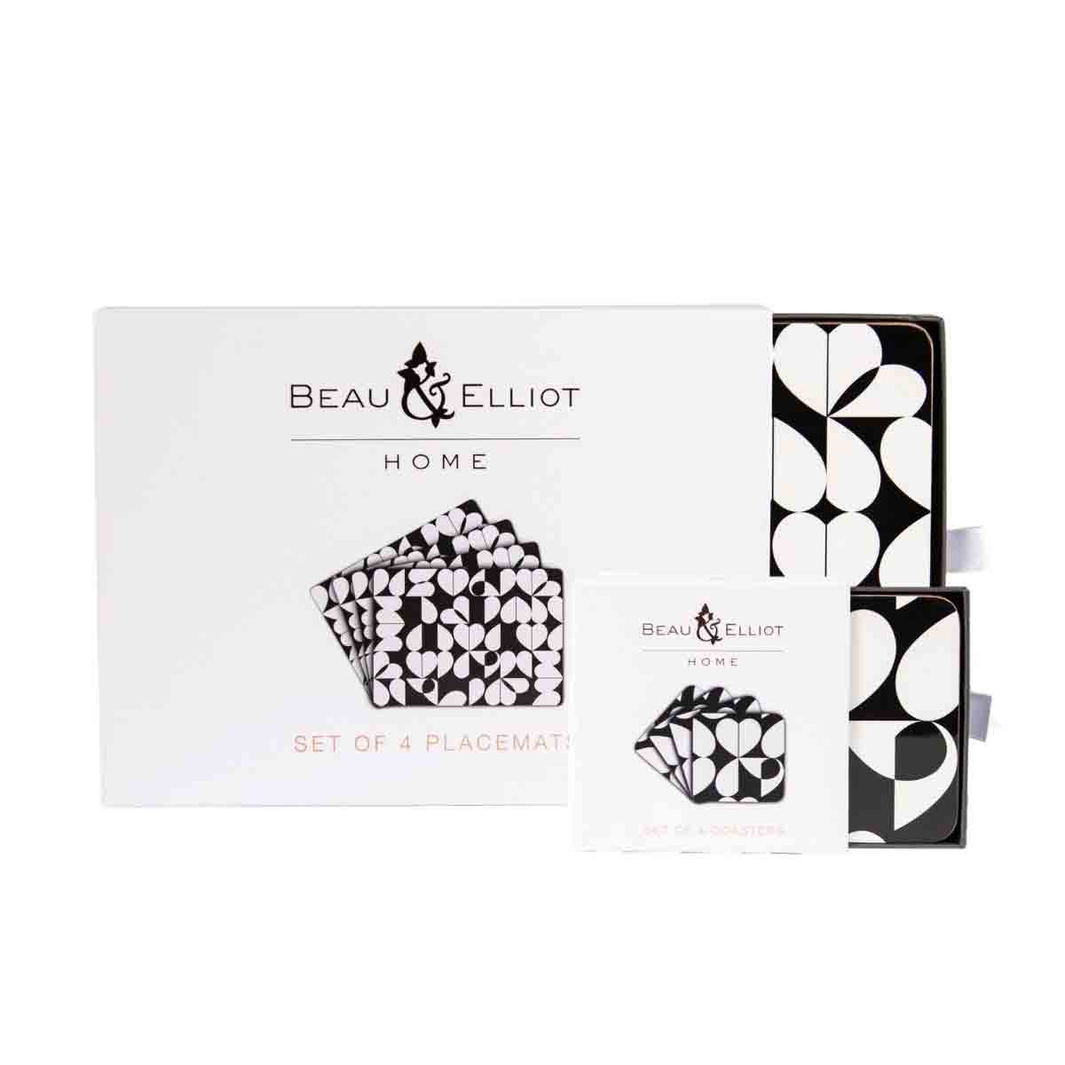 Beau & Elliot Set Of 4 Monochrome Placemats & 4 Coasters - Broken Hearted Pattern