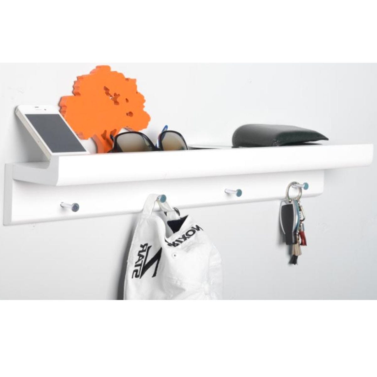 Techstyle Oakley Wall Mounted 2Ft / 60Cm Organiser Floating Shelf With 4 Key / Coat Hooks White