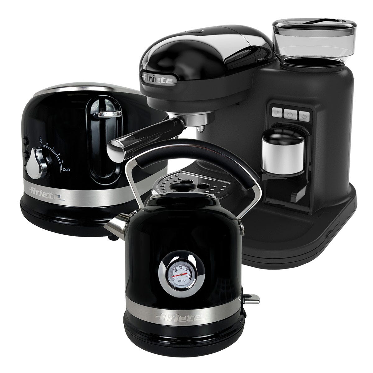 Ariete ARPK34 Moderna 1.7L Kettle, 2-Slice Toaster, & Espresso Coffee Maker - Black