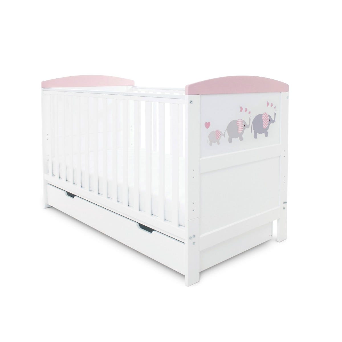 Ickle Bubba Coleby Style Cot Bed with Under Drawer Elephant Love Pink