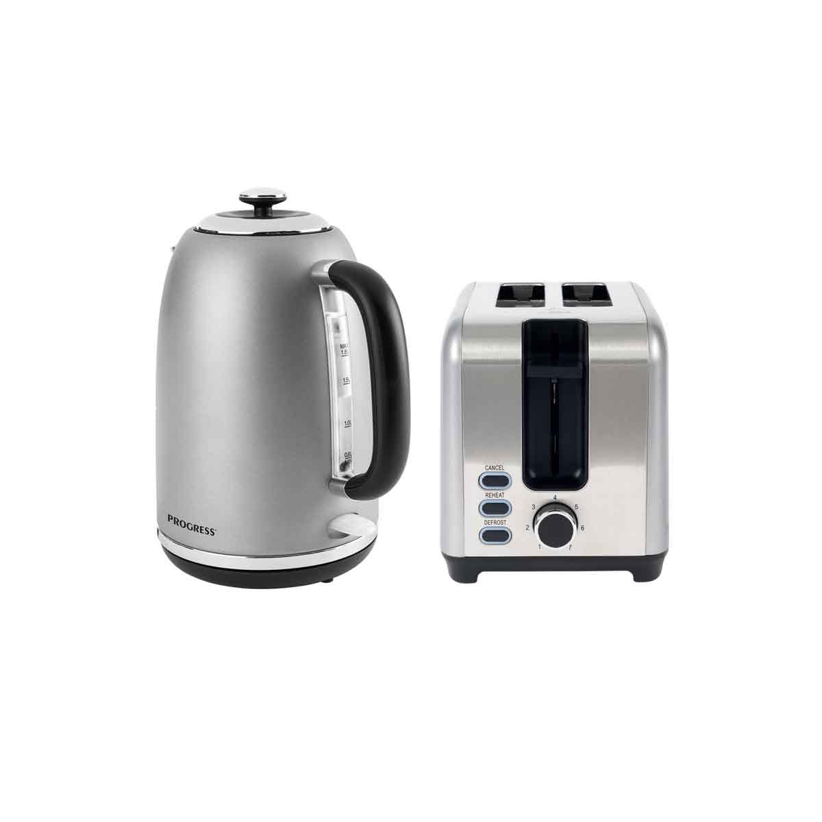 Progress COMBO-7732 Shimmer Stainless Steel 3KW 1.8L Jug Kettle and 930W 2-Slice Toaster - Black and Silver