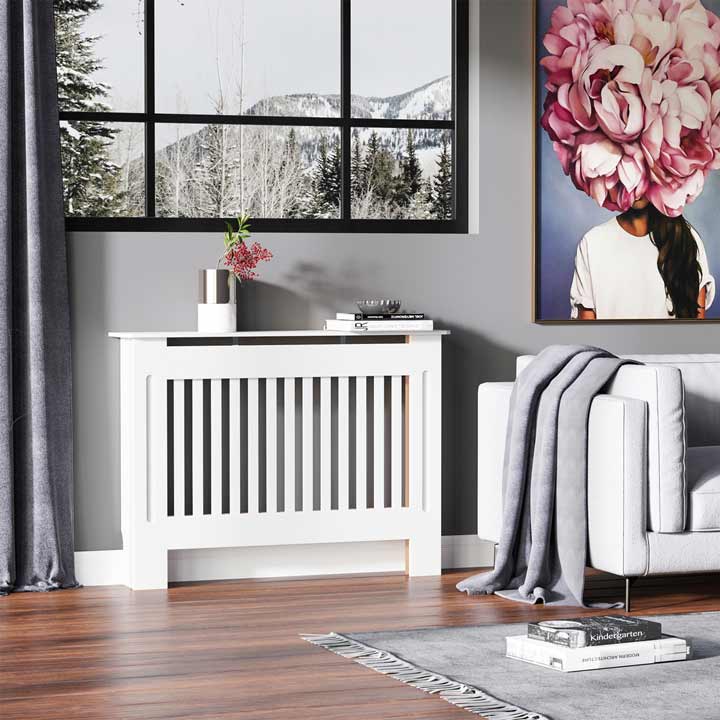 HOMCOM Radiator Cover Painted Slatted MDF Cabinet Lined Grill