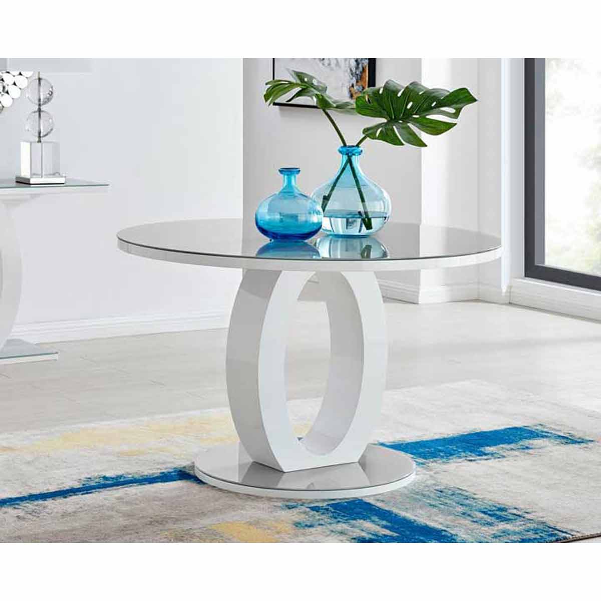 Giovani 6 Seater Grey White High Gloss And Glass Large Round Dining Table
