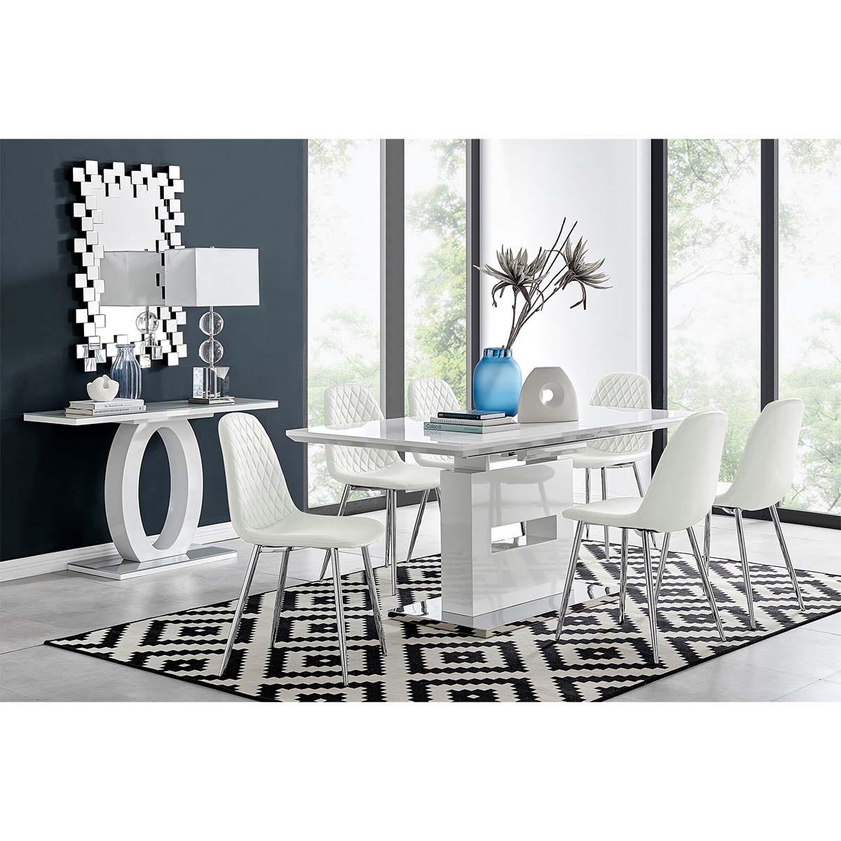 Furniture Box Arezzo Large Extending Dining Table and 6 White Corona Silver Leg Chairs