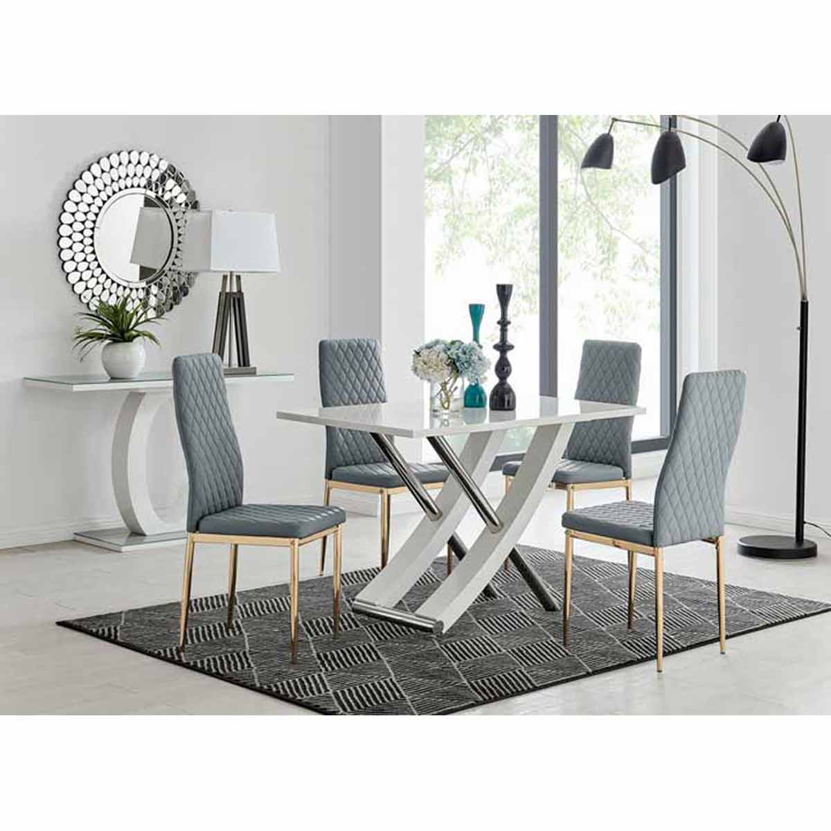 Furniture Box Mayfair 4 Seater Dining Table and 4 x Grey Gold Leg Milan Chairs