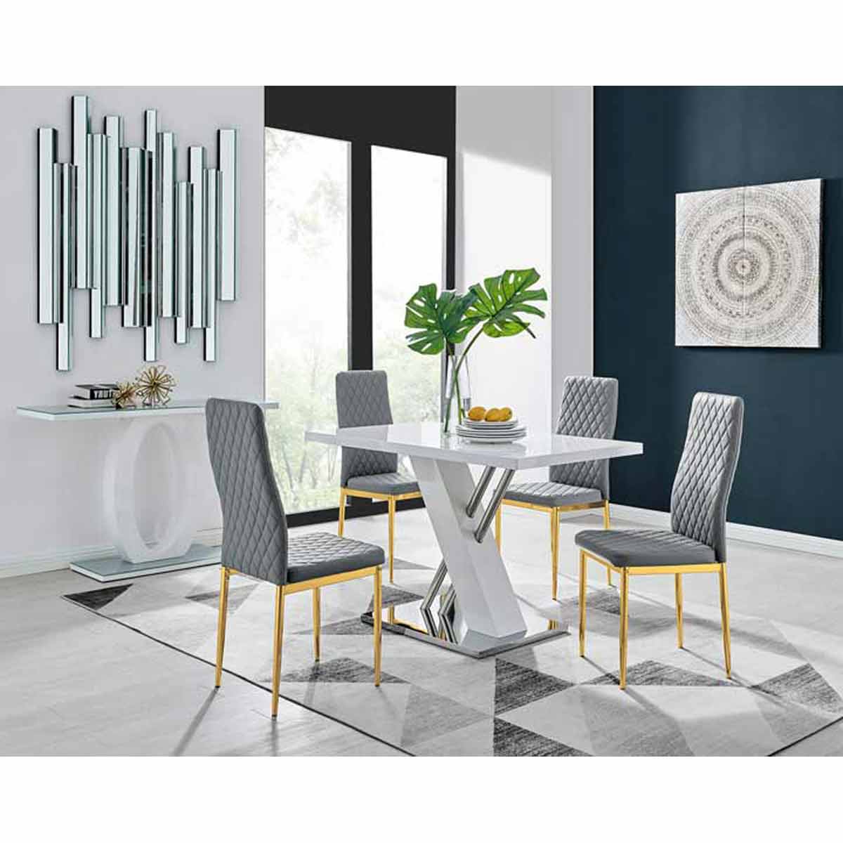 Furniture Box Sorrento 4 Seater White Dining Table and 4 x Grey Gold Leg Milan Chairs