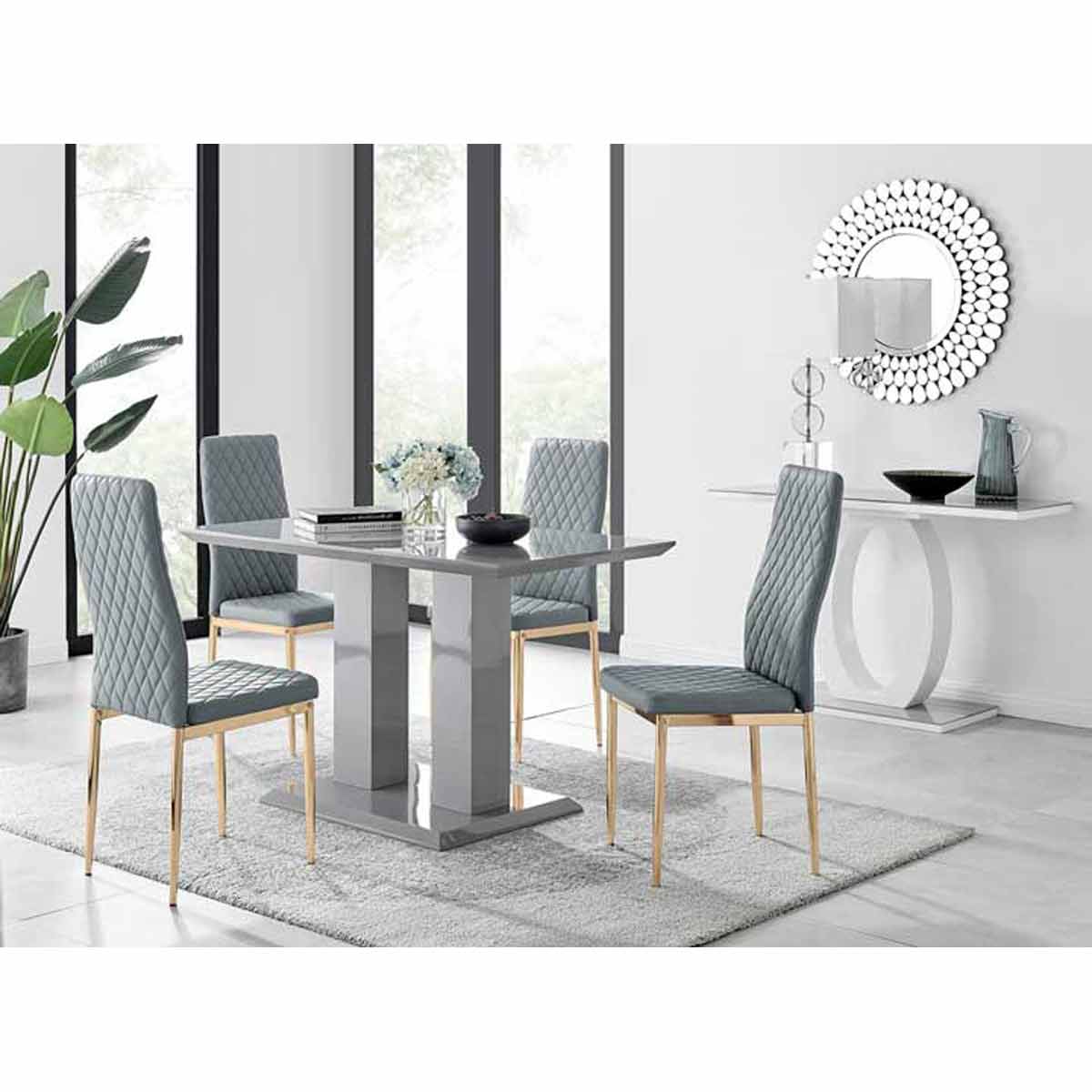 Furniture Box Imperia 4 Seater Grey Dining Table and 4 x Grey Gold Leg Milan Chairs