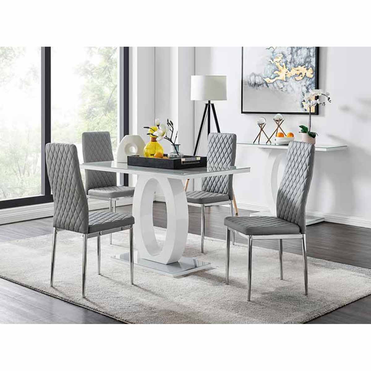 Furniture Box Giovani Grey White Modern High Gloss And Glass Dining Table And 4 x Grey Milan Chairs Set