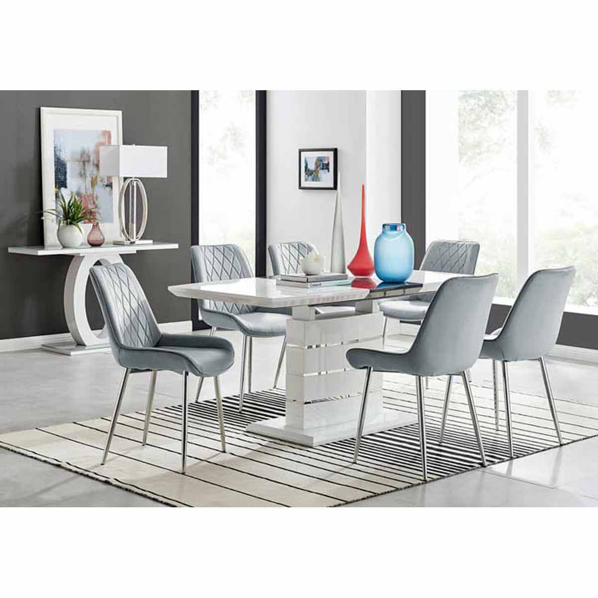 Furniture Box Renato 120cm High Gloss Extending Dining Table and 6 x Grey Pesaro Silver Leg Chairs