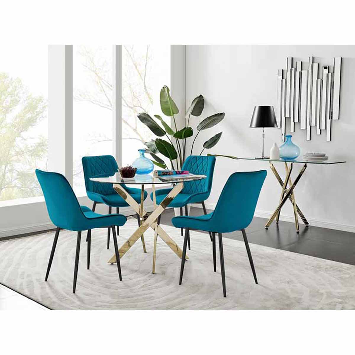 Furniture Box Novara 100cm Gold Round Dining Table and 4 x Blue Pesaro Black Leg Chairs