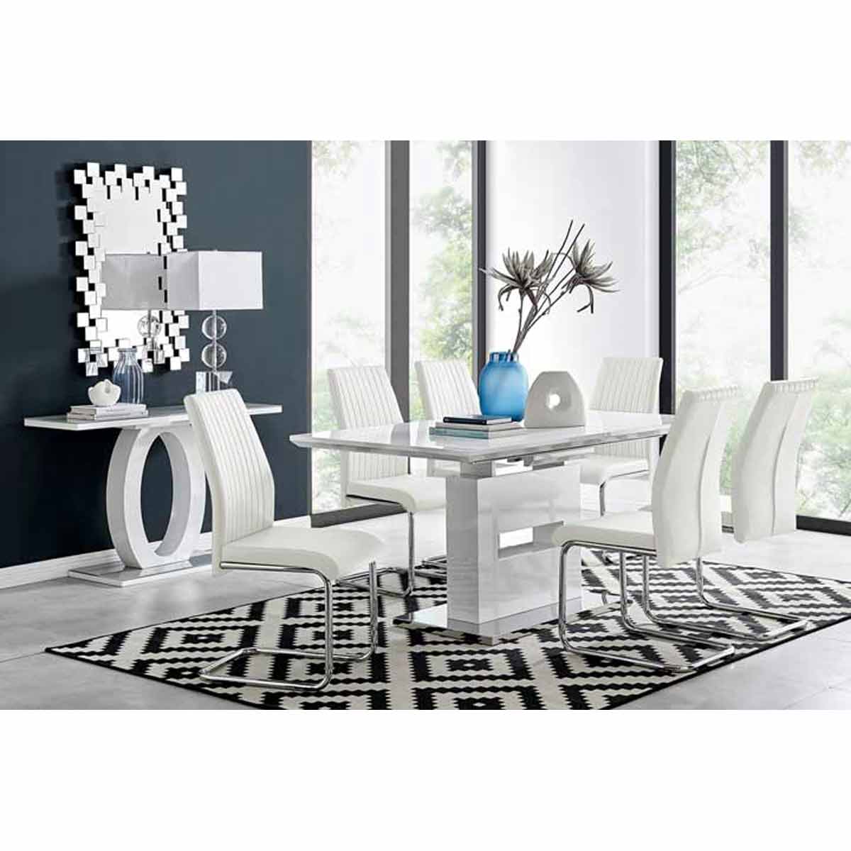 Furniture Box Arezzo Large Extending Dining Table and 6 White Lorenzo Chairs