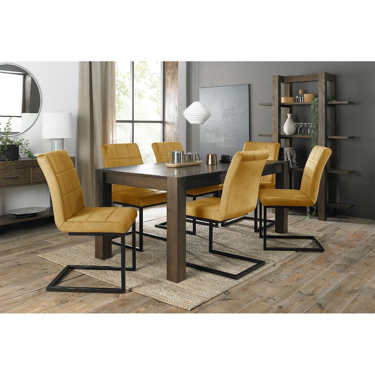 Bentley Designs Cannes Dark Oak 8-10 Seater Dining Table & 6 Lewis Cantilever Chairs In Mustard Velvet Fabric Black Frame