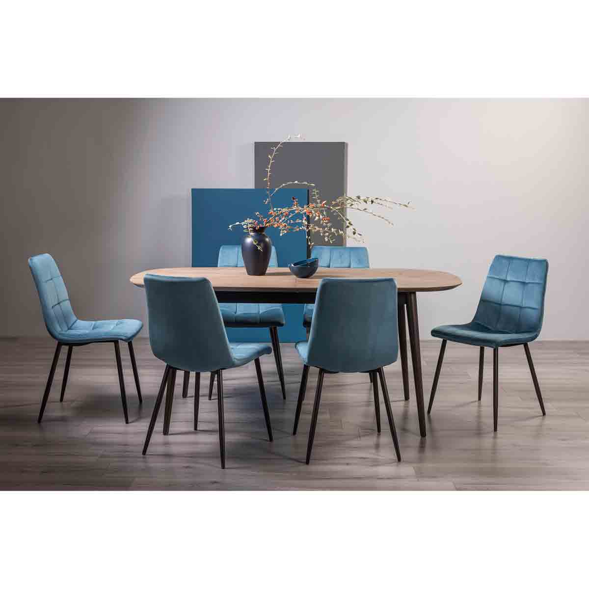 Bentley Designs Rhoka Weathered Oak 6-8 Seater Dining Table With Peppercorn Legs & 6 Mondrian Petrol Blue Velvet Fabric Chairs With Black Powder Coated Legs