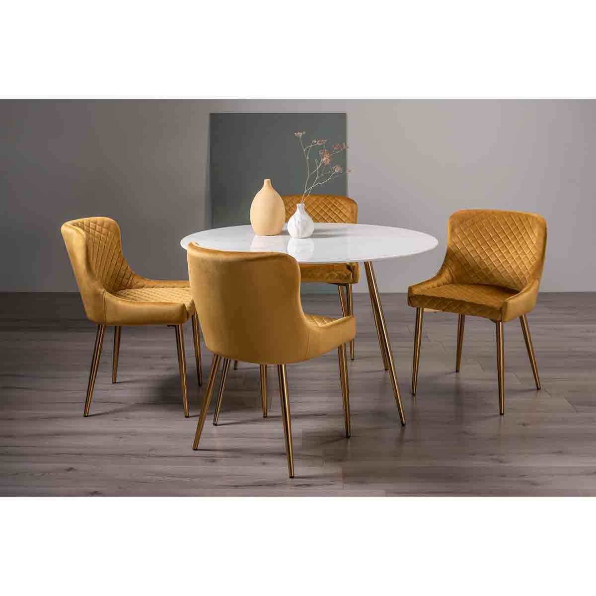 Bentley Designs Frances White Marble Effect Tempered Glass 4 Seater Dining Table & 4 Cezanne Mustard Velvet Fabric Chairs With Matt Gold Plated Legs