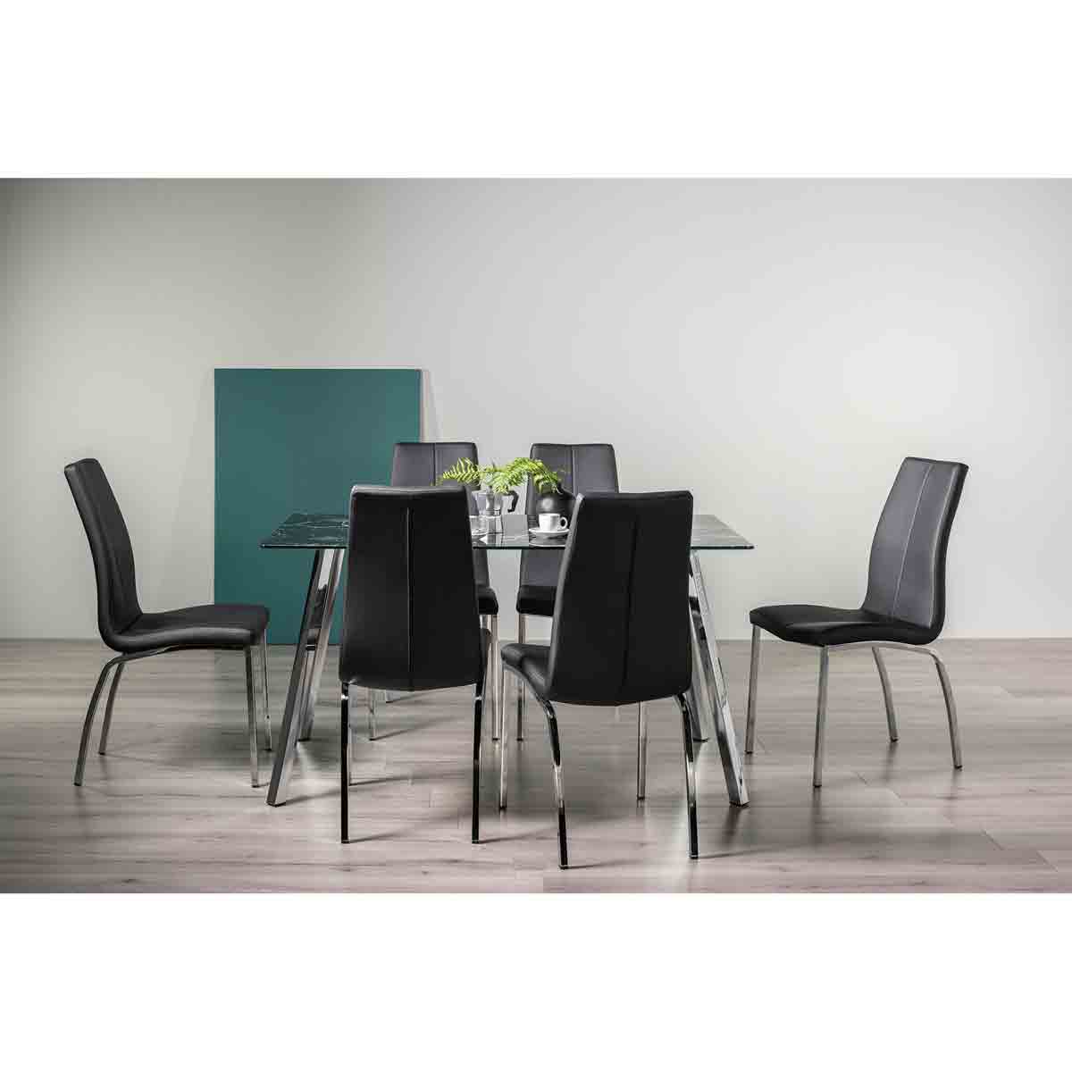 Bentley Designs Rimini Black Marble Effect Tempered Glass 6 Seater Dining Table & 6 Benton Black Faux Leather Chairs With Shiny Nickel Legs