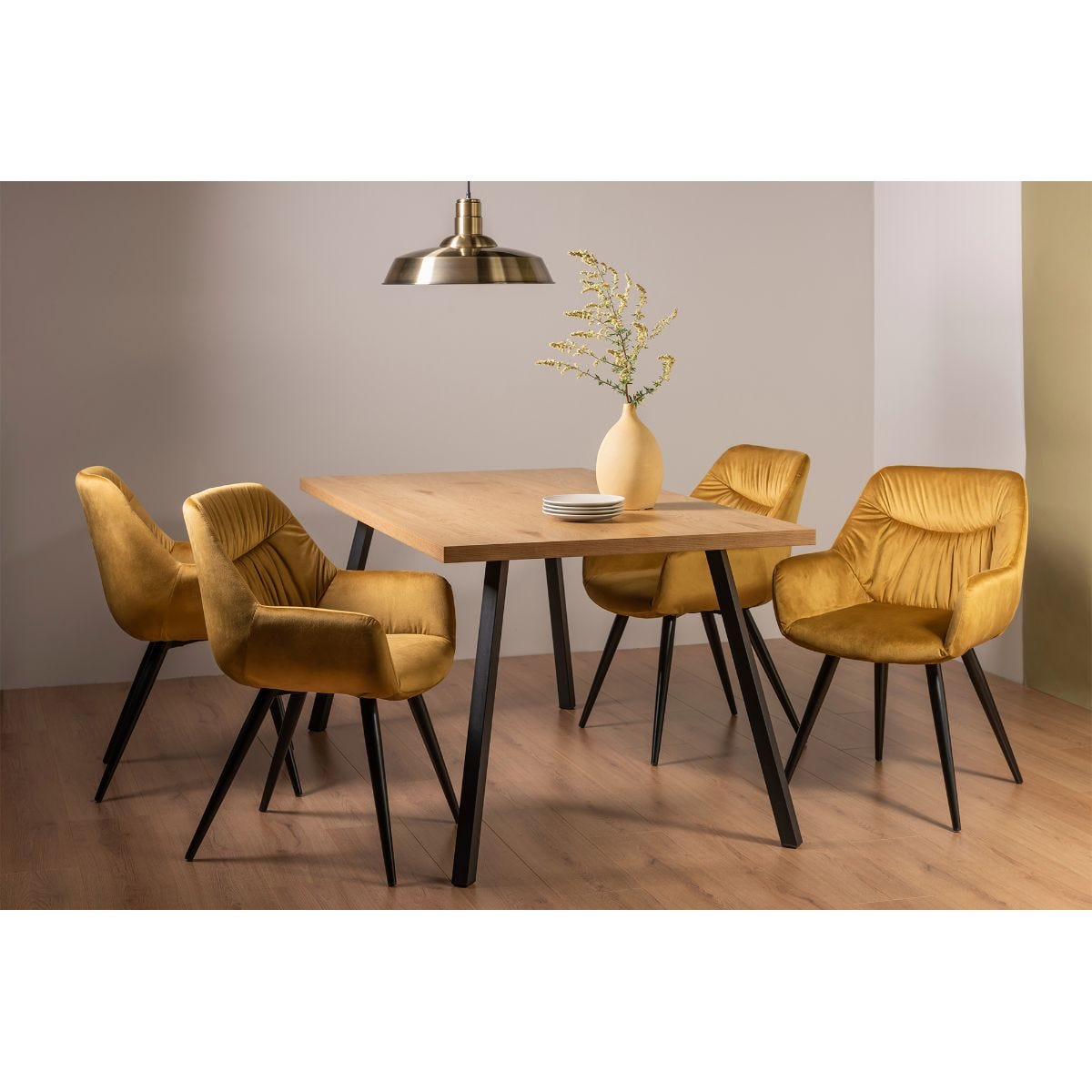 Bentley Designs Rimi Rustic Oak Effect Melamine 6 Seater Dining Table With 4 Legs & 4 Dali Mustard Velvet Fabric Chairs With Black Powder Coated Legs