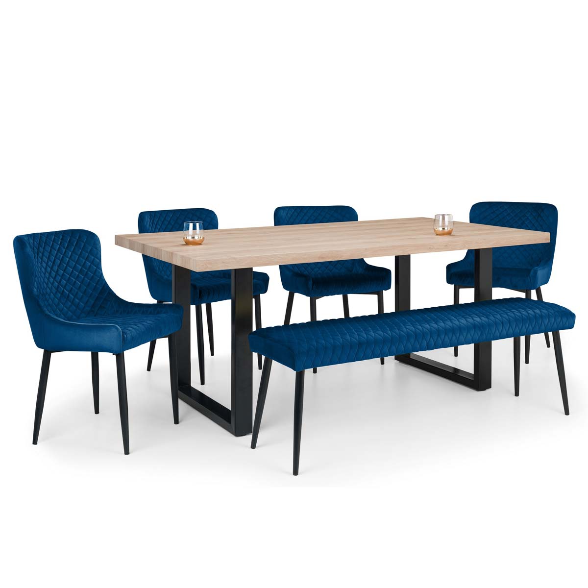 Julian Bowen Set Of Berwick Dining Table Luxe Low Bench Blue & 4 Luxe Blue Chairs