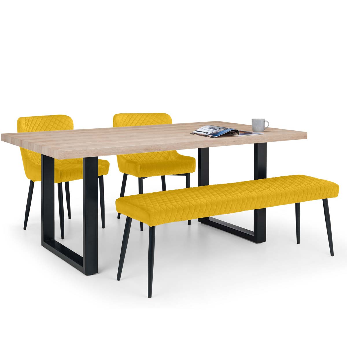Julian Bowen Set Of Berwick Dining Table Luxe Low Bench Mustard & 2 Luxe Chairs Mustard