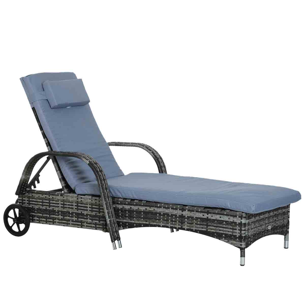 Outsunny Adjustable Wicker Rattan Sun Lounger Recliner Chair W/ Cushion Grey