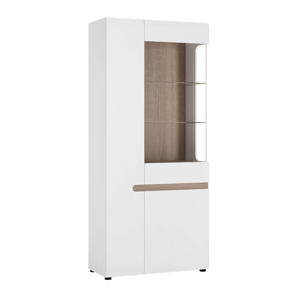 Chelsea Tall Glazed Wide Display Unit (lhd) In White With Oak Effect Trim