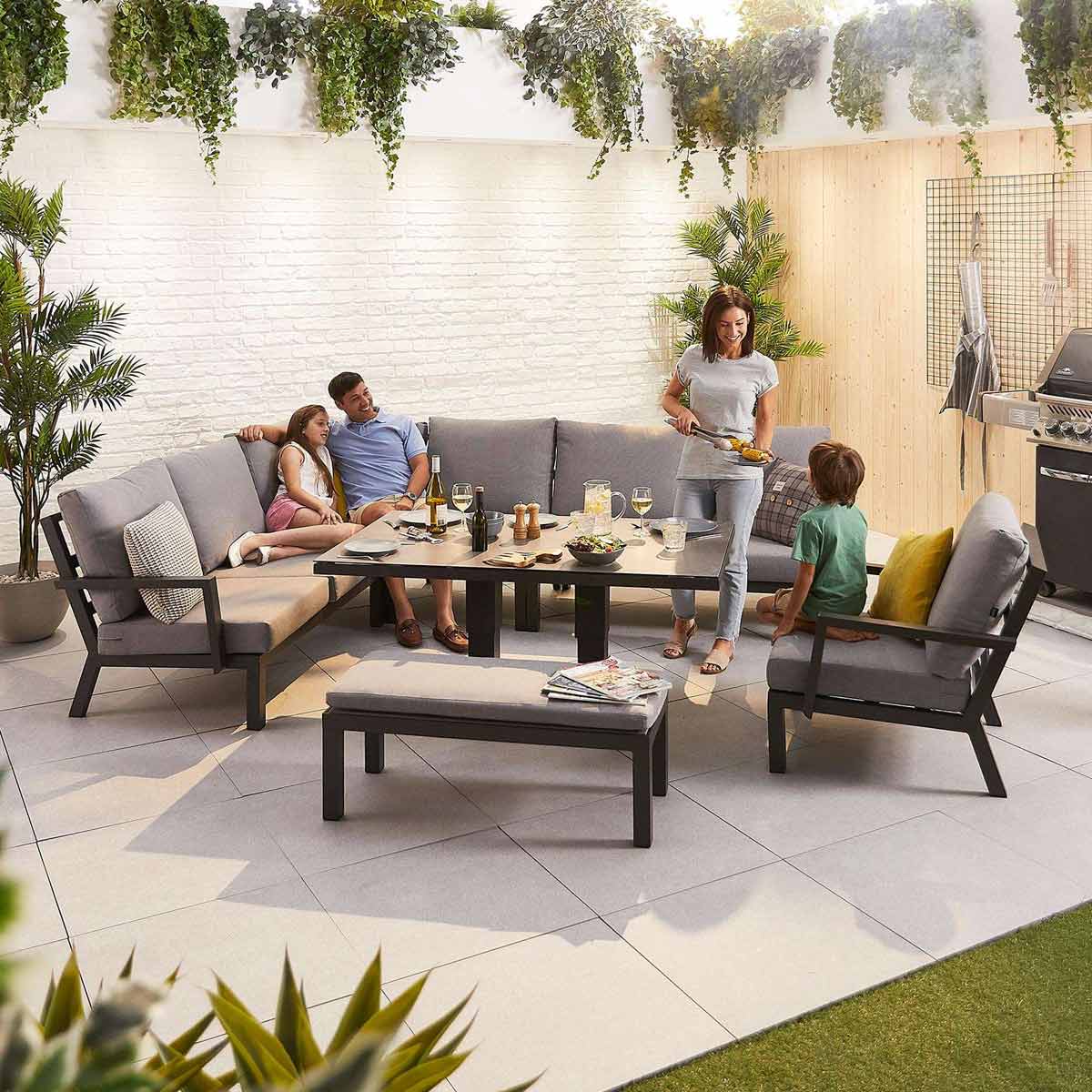 Nova Vogue Outdoor Corner Dining Set With Rising Table & Armchair & Bench - Grey