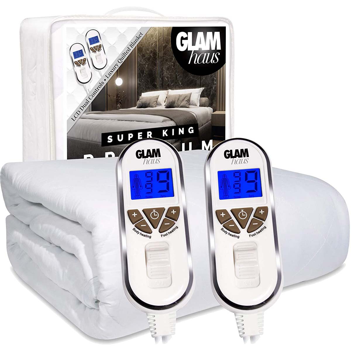 Glam Haus Glamhaus Super King Size Electric Blanket - Fitted Mattress Bed Cover - White Premium Diamond-quilted