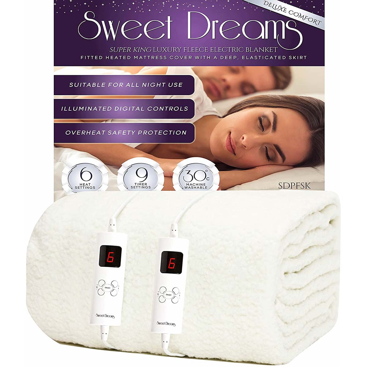 Sweet Dreams Electric Blanket Super King Size - Dual Controls - Luxury Bed Fleece Heated Mattress Cover