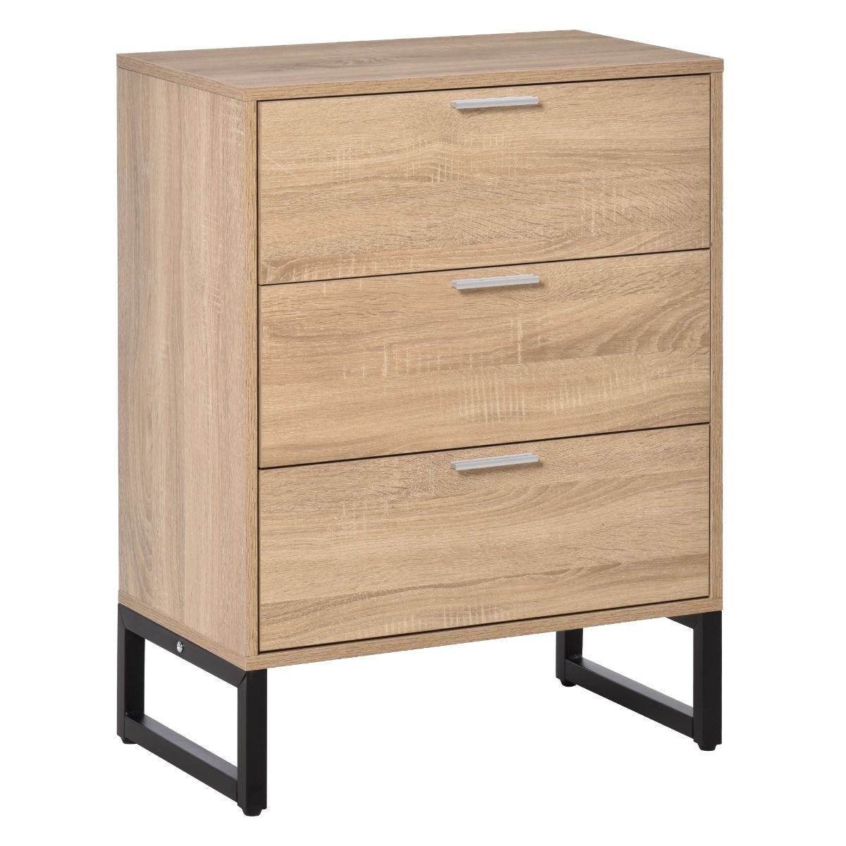 Homcom Chest Of 3 Drawers Natural Wood Colour Black Metal Cut Out Base