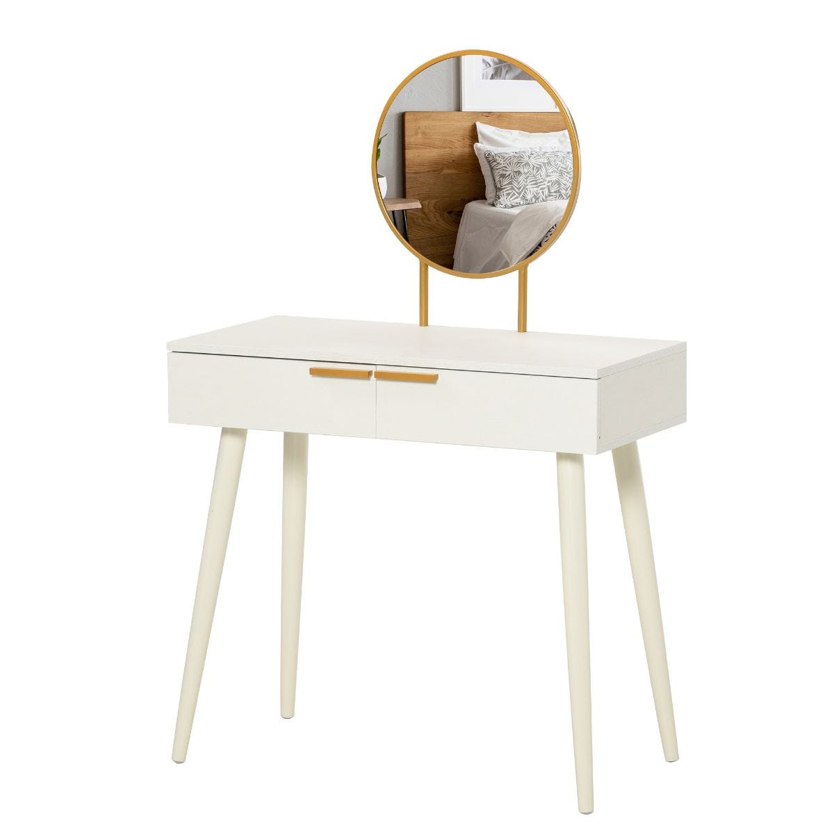 Homcom Retro Style Dressing Table With 2 Drawers Round Mirror Hairpin Legs White Wood Grain