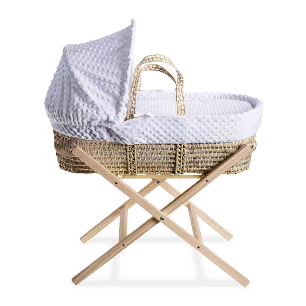 Clair de Lune Dimple Palm Moses Basket in White & Natural Folding Stand – White