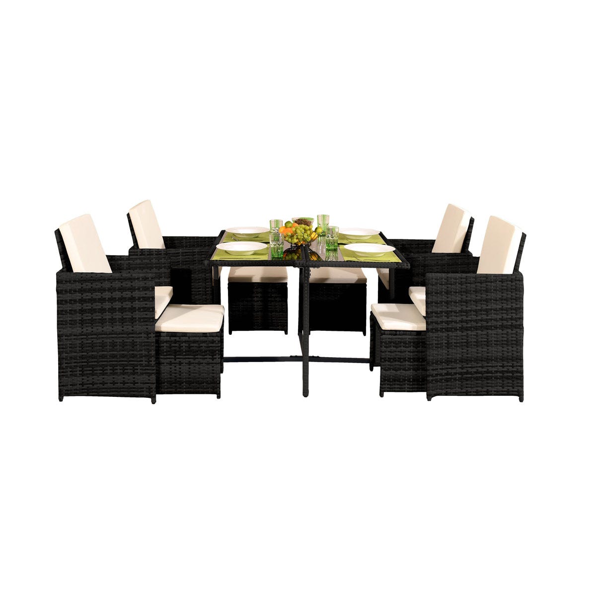 9Pc Rattan Garden Patio Furniture Set - 4 Chairs 4 Stools & Dining Table - Black