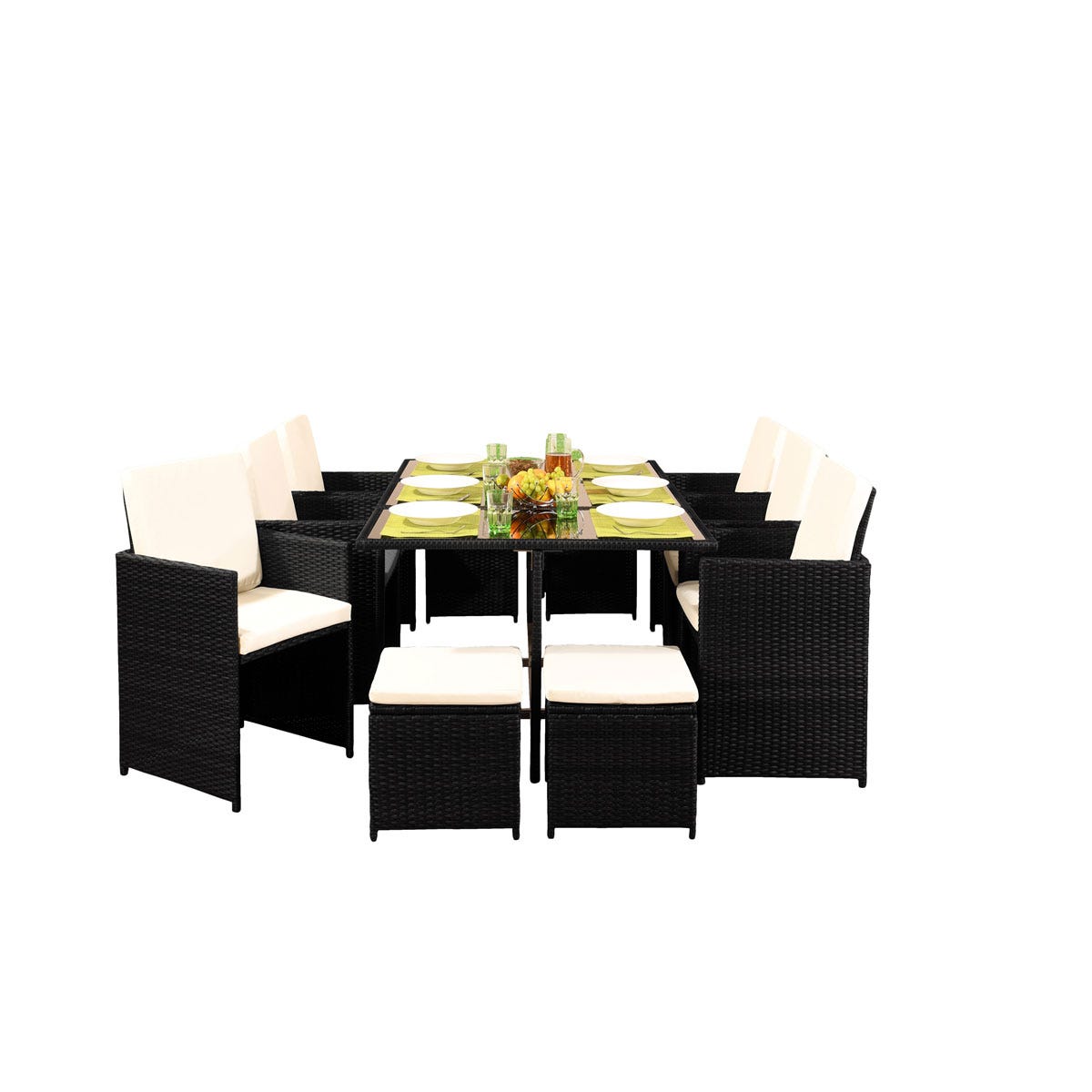 10 Seater Rattan Garden Furniture Set - 6 Chairs 4 Stools & Dining Table With Waterproof Cover - Black
