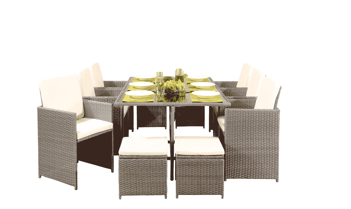10 Seater Rattan Garden Furniture Set - 6 Chairs 4 Stools & Dining Table With Waterproof Cover - Light Grey