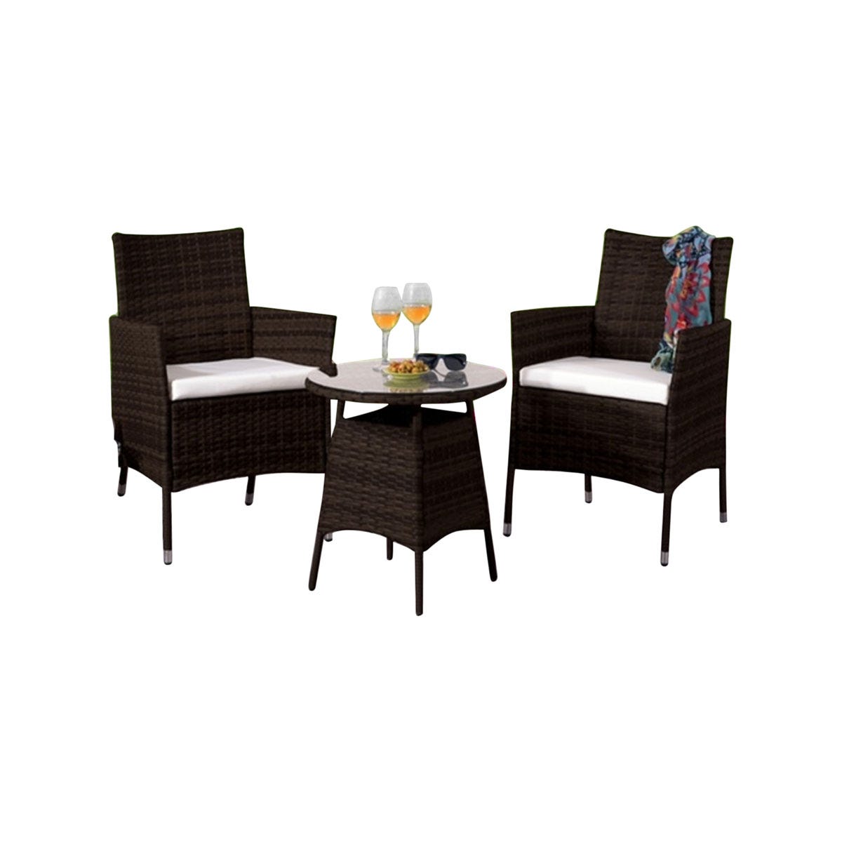 3Pc Rattan Bistro Set Garden Patio Furniture - 2 Chairs & Coffee Table - Chocolate Brown
