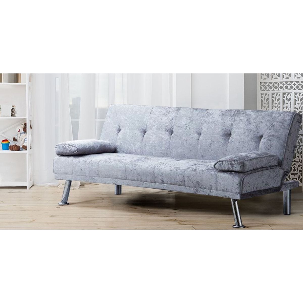 SleepOn Stunning Crushed Velvet Italian Designer Style Sofa Bed With Chrome Legs Steel