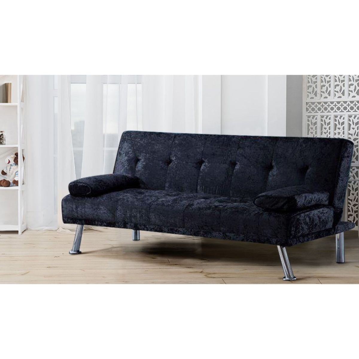 SleepOn Stunning Crushed Velvet Italian Designer Style Sofa Bed With Chrome Legs Black