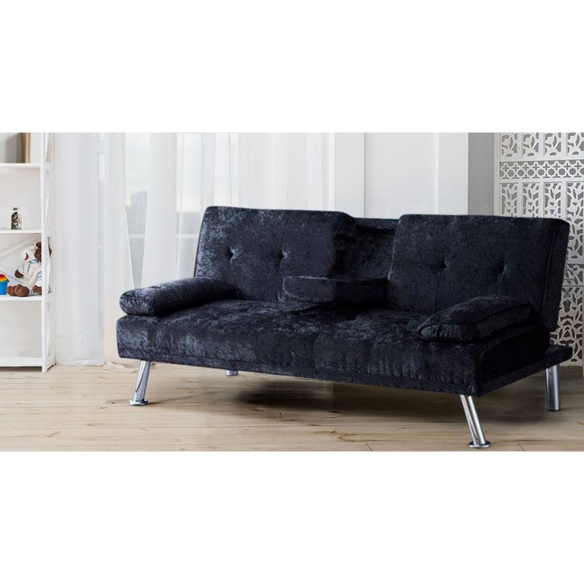SleepOn Crushed Velvet Italian Style Luxury Sofa Bed With Drink Cup Holder Table Black