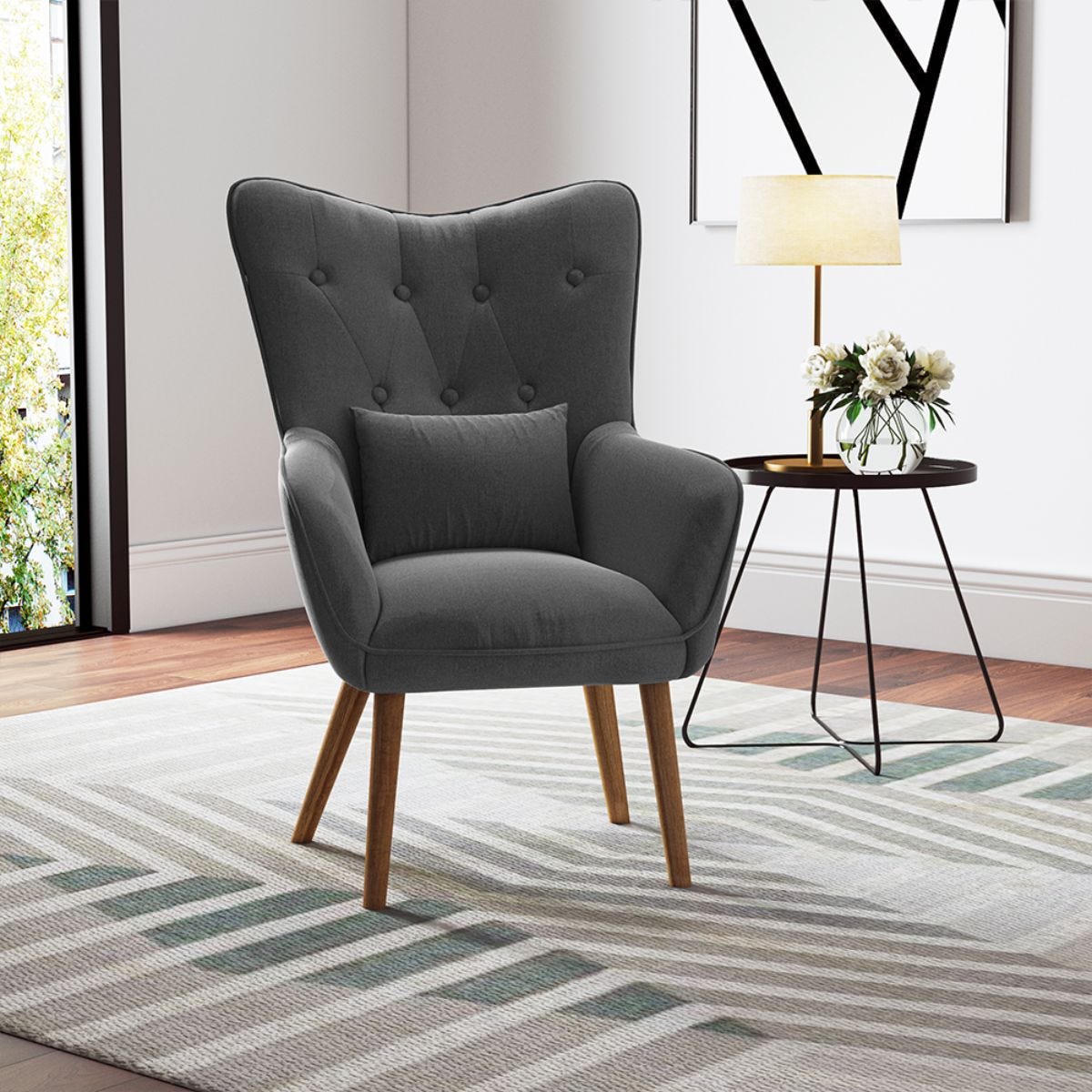 LivingandHome Wide Wingback Chair Linen Curved Armchair - Dark Grey