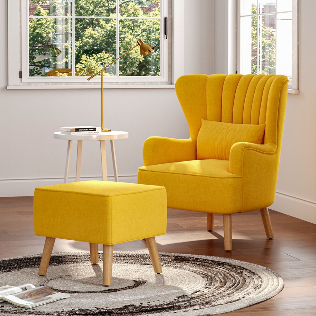 LivingandHome Wingback Armchair And Footstool Yellow