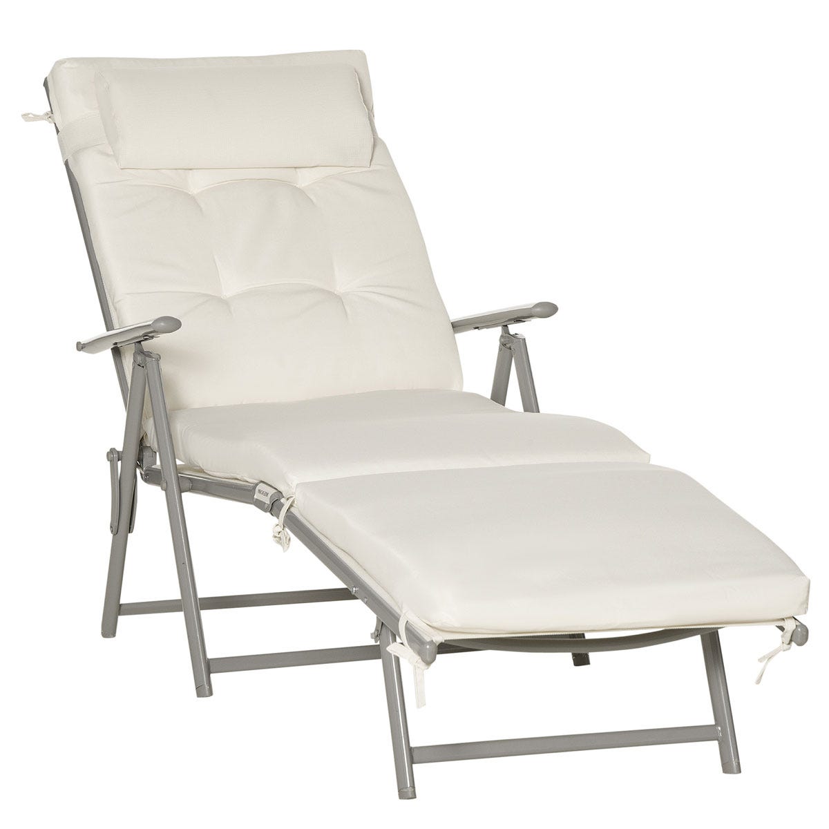 Outsunny Outdoor Patio Sun Lounger Garden Textilene Foldable Reclining Chair Pillow Adjustable Recliner with Cushion - Cream White