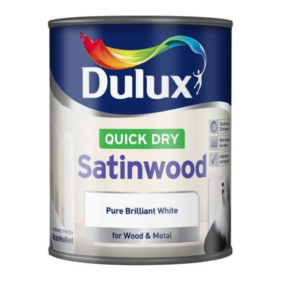 Dulux Quick Dry Satinwood Paint - Brilliant White, 750ml 