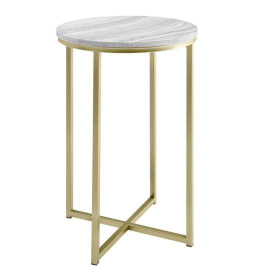 16 Inch Faux Stone Round Side Table Faux Grey Vein Cut Marble and Gold