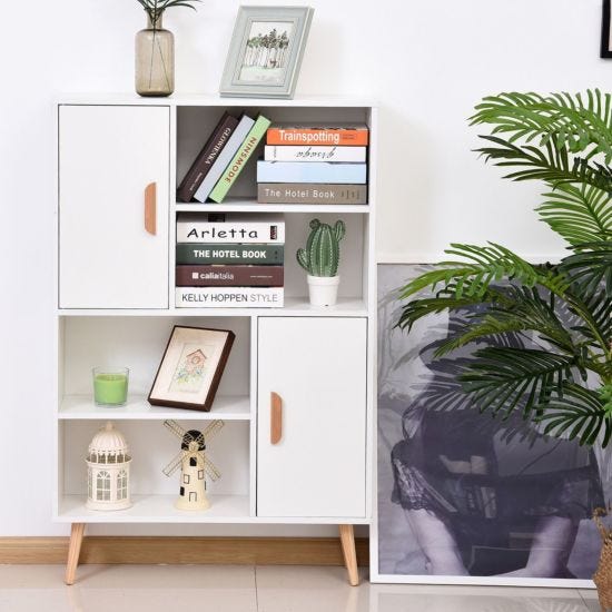 HOMCOM Bookshelf Sideboard Free Standing Bookcase Shelves Unit Storage Cabinet w/Two Doors Wooden Display White 