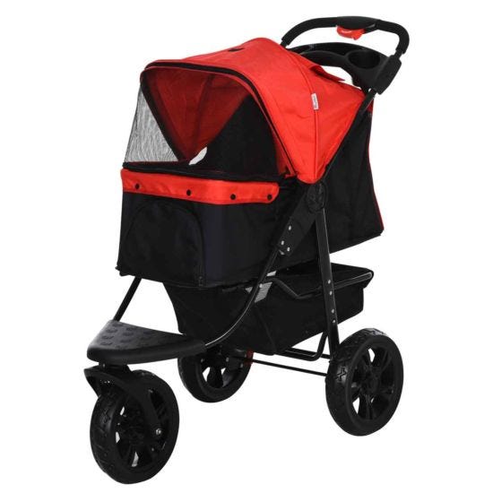 PawHut Folding 3 Wheel Pet Stroller for Travel w/ Adjustable Canopy & Storage - Red & Black