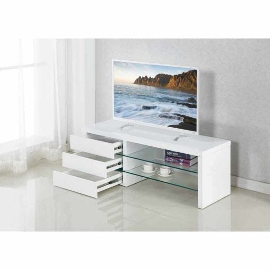 Furniture Box Samba White High Gloss Modern Glass Shelves TV Stand