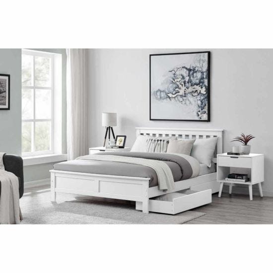 Furniture Box Azure White Wooden Solid Pine Quality Double Bed Frame with 2 Underbed Drawers